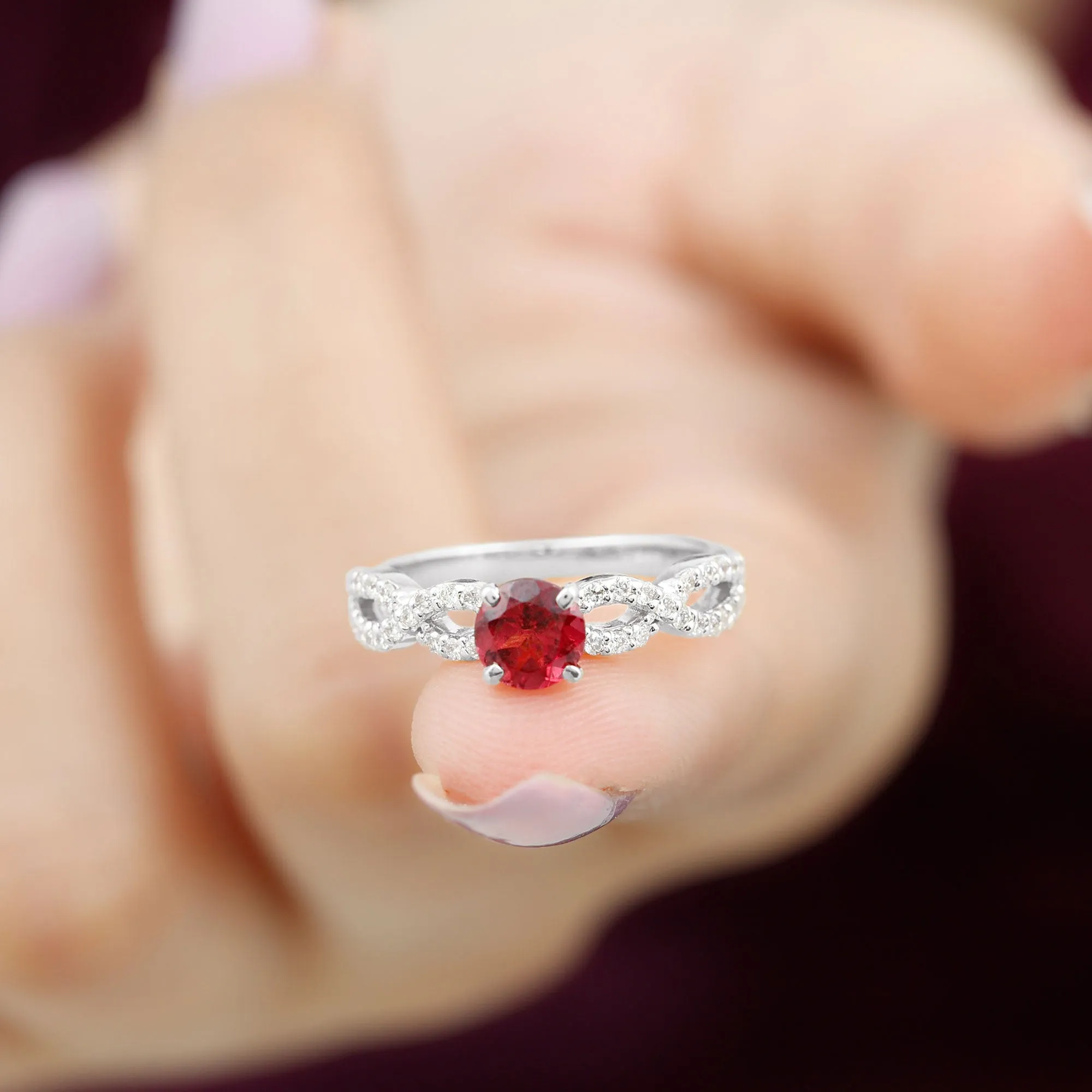 1 CT Round Shape Rhodolite and Diamond Criss Cross Ring