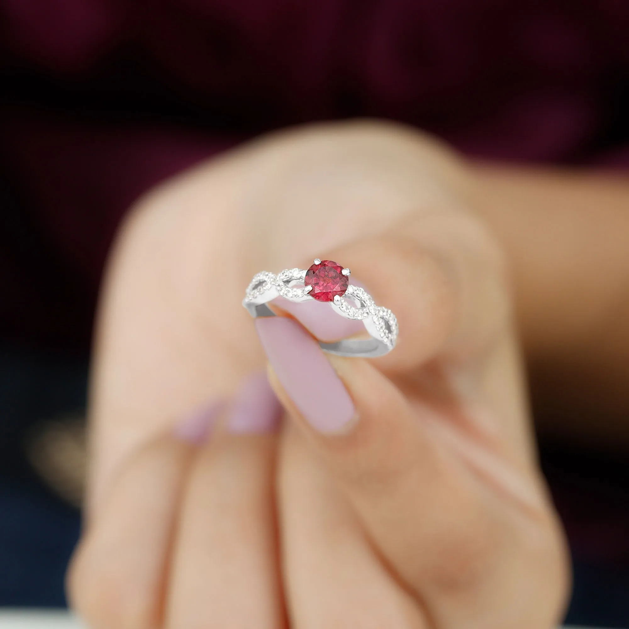 1 CT Round Shape Rhodolite and Diamond Criss Cross Ring