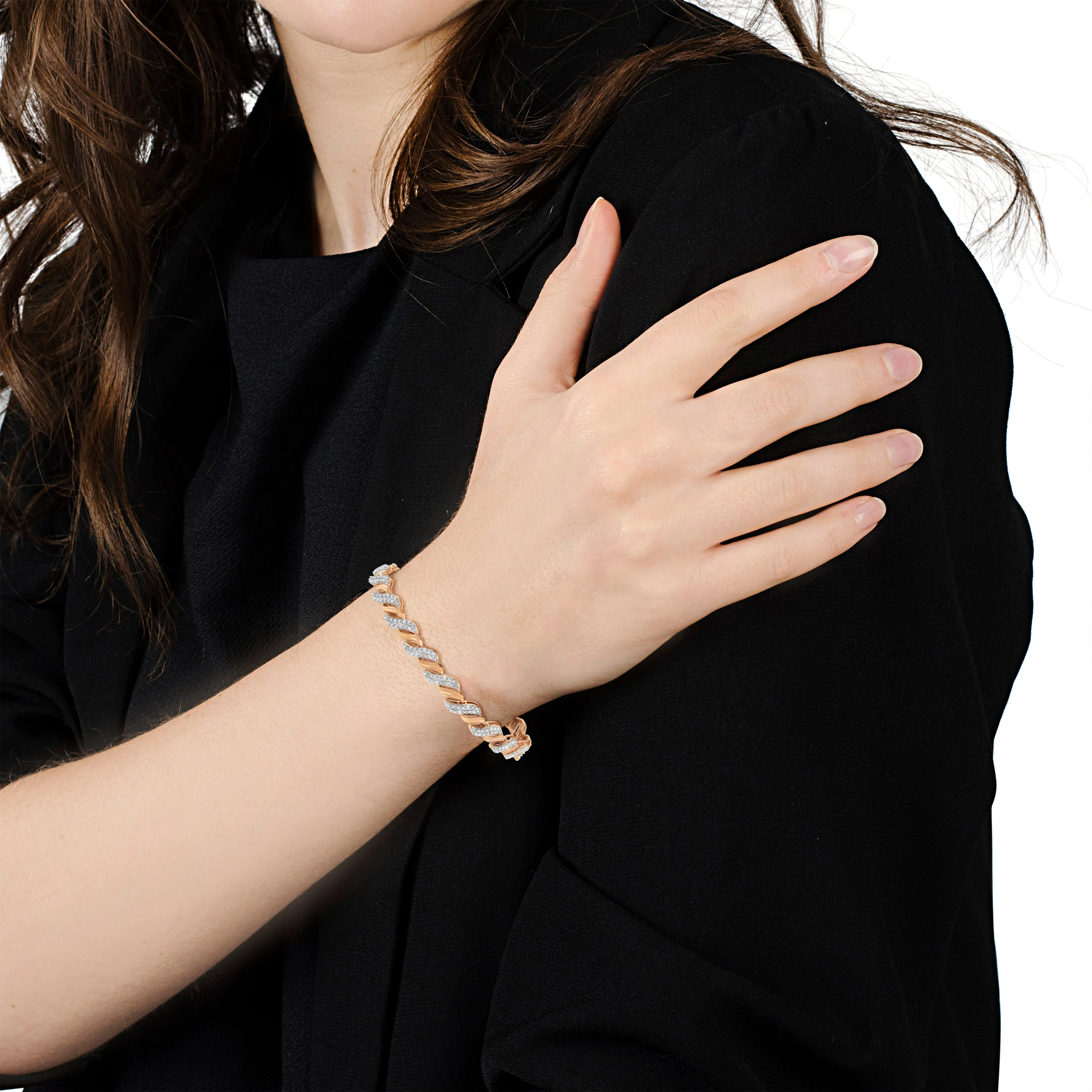 10K Rose Gold Plated .925 Sterling Silver 1/4 cttw Prong Set Round-Cut Diamond "S" Link Bracelet