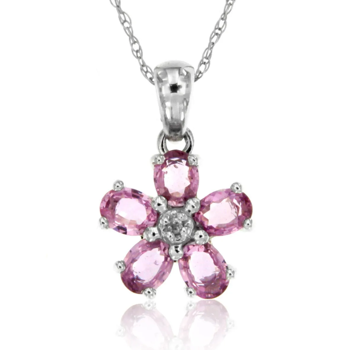 10k White Gold Pink Sapphire and Diamond Gemstone Pendant with 16" Chain.