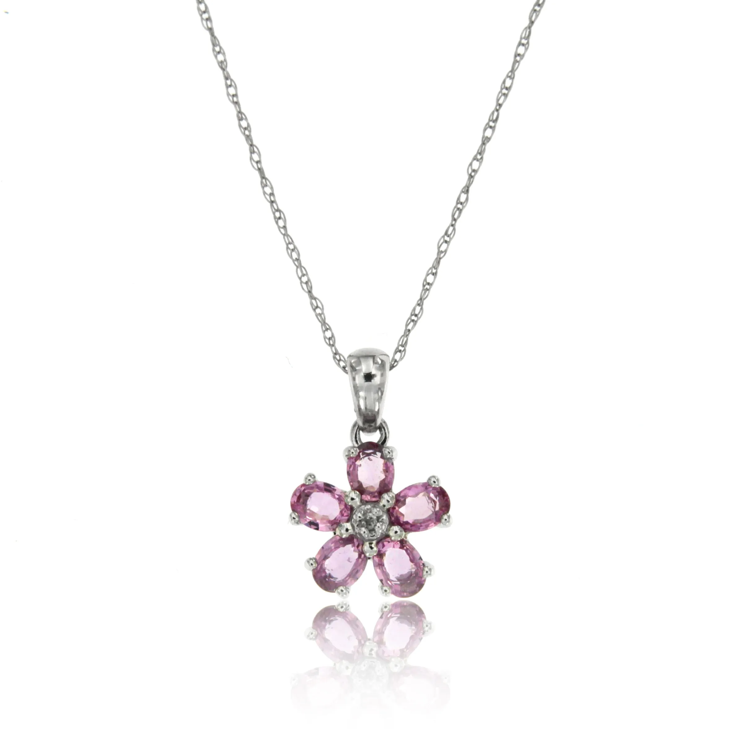 10k White Gold Pink Sapphire and Diamond Gemstone Pendant with 16" Chain.