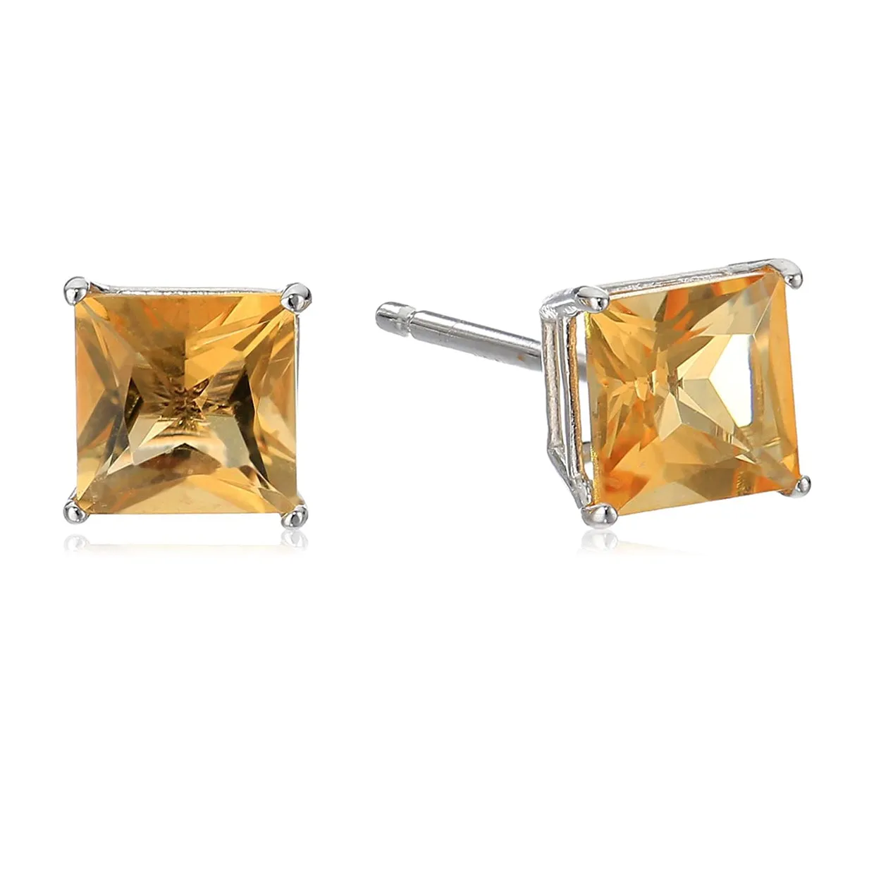 10k White Gold Plated 2 Carat Princess Cut Created Citrine Sapphire Stud Earrings
