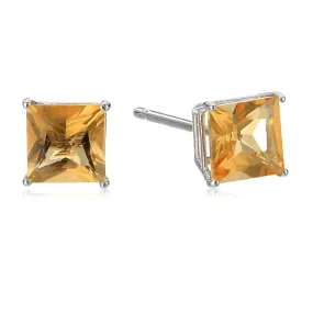 10k White Gold Plated 2 Carat Princess Cut Created Citrine Sapphire Stud Earrings