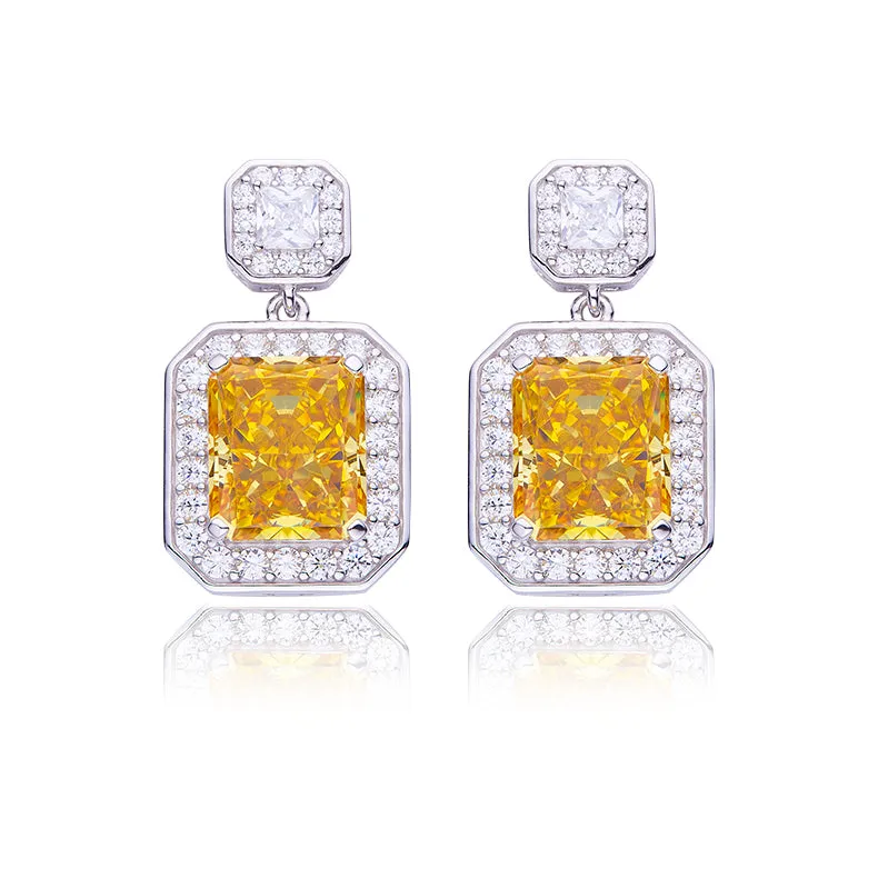13.5Carat Rectangle Yellow Zircon Halo Drop Earrings