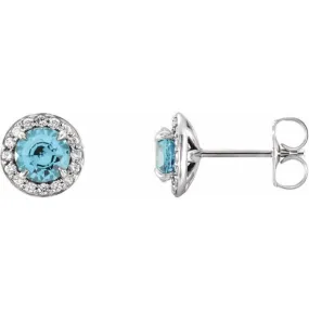 14K White 5 mm Natural Blue Zircon & 1/8 CTW Natural Diamond Earrings