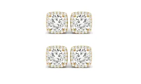 14k Yellow Gold 2Ct Cushion Cut White Sapphire Set Of Two Halo Stud Earrings Plated