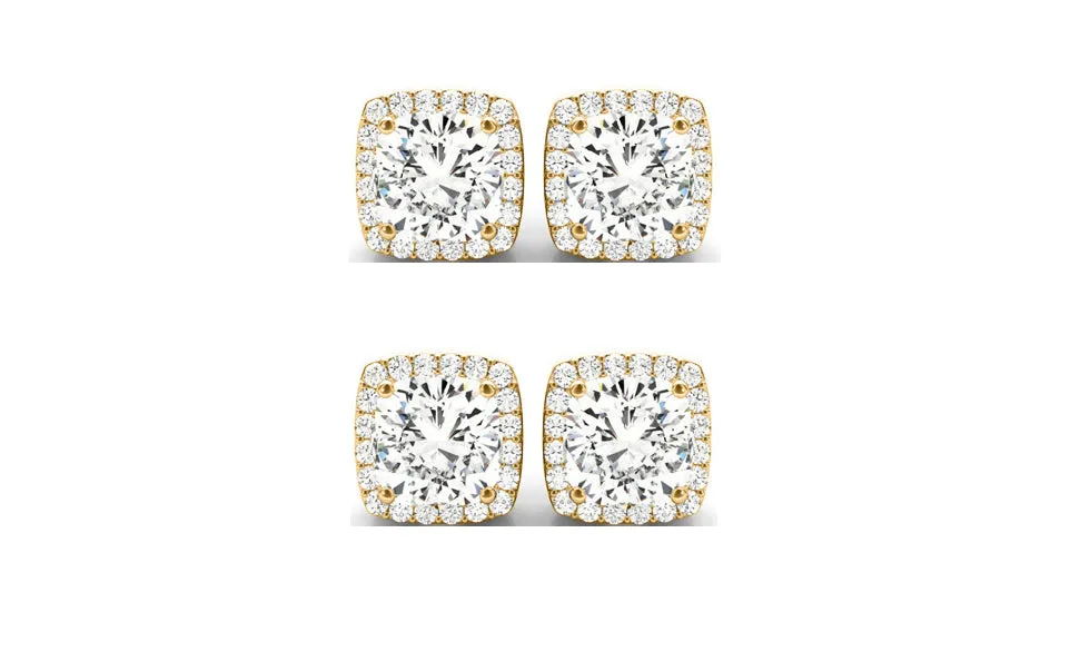 14k Yellow Gold 2Ct Cushion Cut White Sapphire Set Of Two Halo Stud Earrings Plated