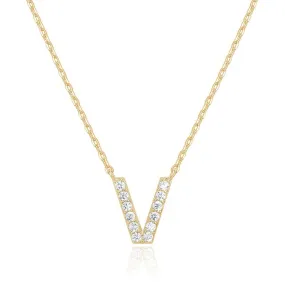 14k Yellow Gold Created Diamond Initial V Letter Pendant Necklace Plated