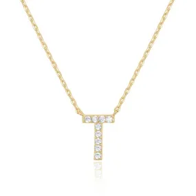 14k Yellow Gold Created White Sapphire Initial T Letter Pendant Necklace Plated