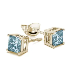 14k Yellow Gold Plated 4 Carat Princess Cut Created Aquamarine Sapphire Stud Earrings