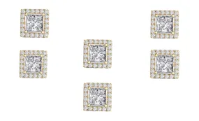 14k Yellow Gold Plated 4mm 3Ct Square Cut White Sapphire Set of Three Halo Stud Earrings