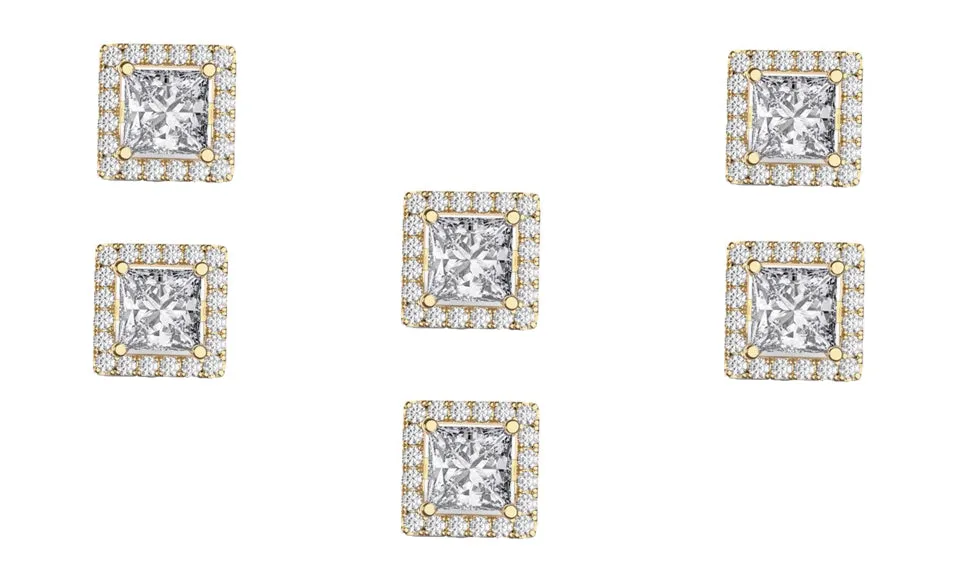 14k Yellow Gold Plated 4mm 3Ct Square Cut White Sapphire Set of Three Halo Stud Earrings