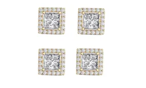 14k Yellow Gold Plated 4mm 3Ct Square Cut White Sapphire Set of Two Halo Stud Earrings