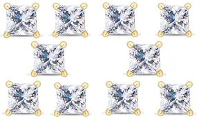 14k Yellow Gold Plated 4mm 4Ct Princess Cut White Sapphire Set Of Five Stud Earrings