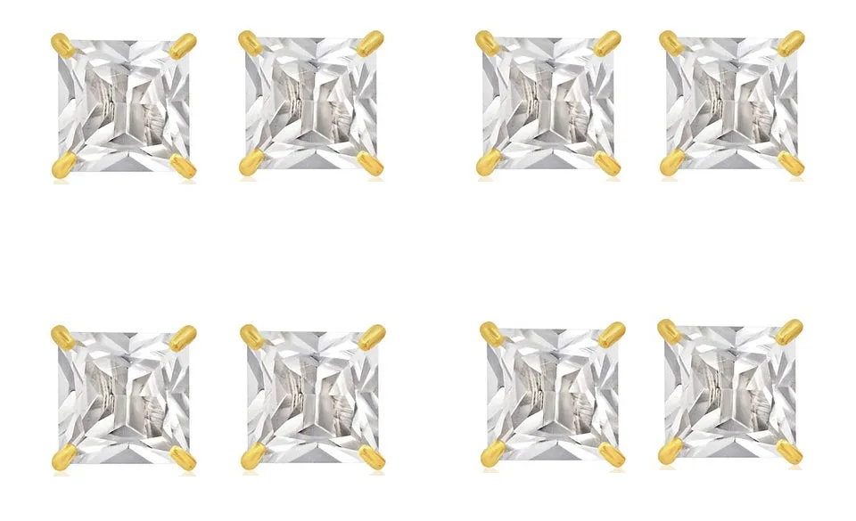 14k Yellow Gold Plated 4mm 4Ct Square Cut White Sapphire Set Of Four Stud Earrings