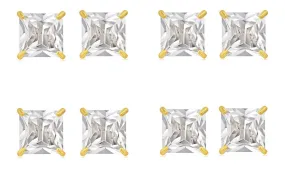 14k Yellow Gold Plated 4mm 4Ct Square Cut White Sapphire Set Of Four Stud Earrings