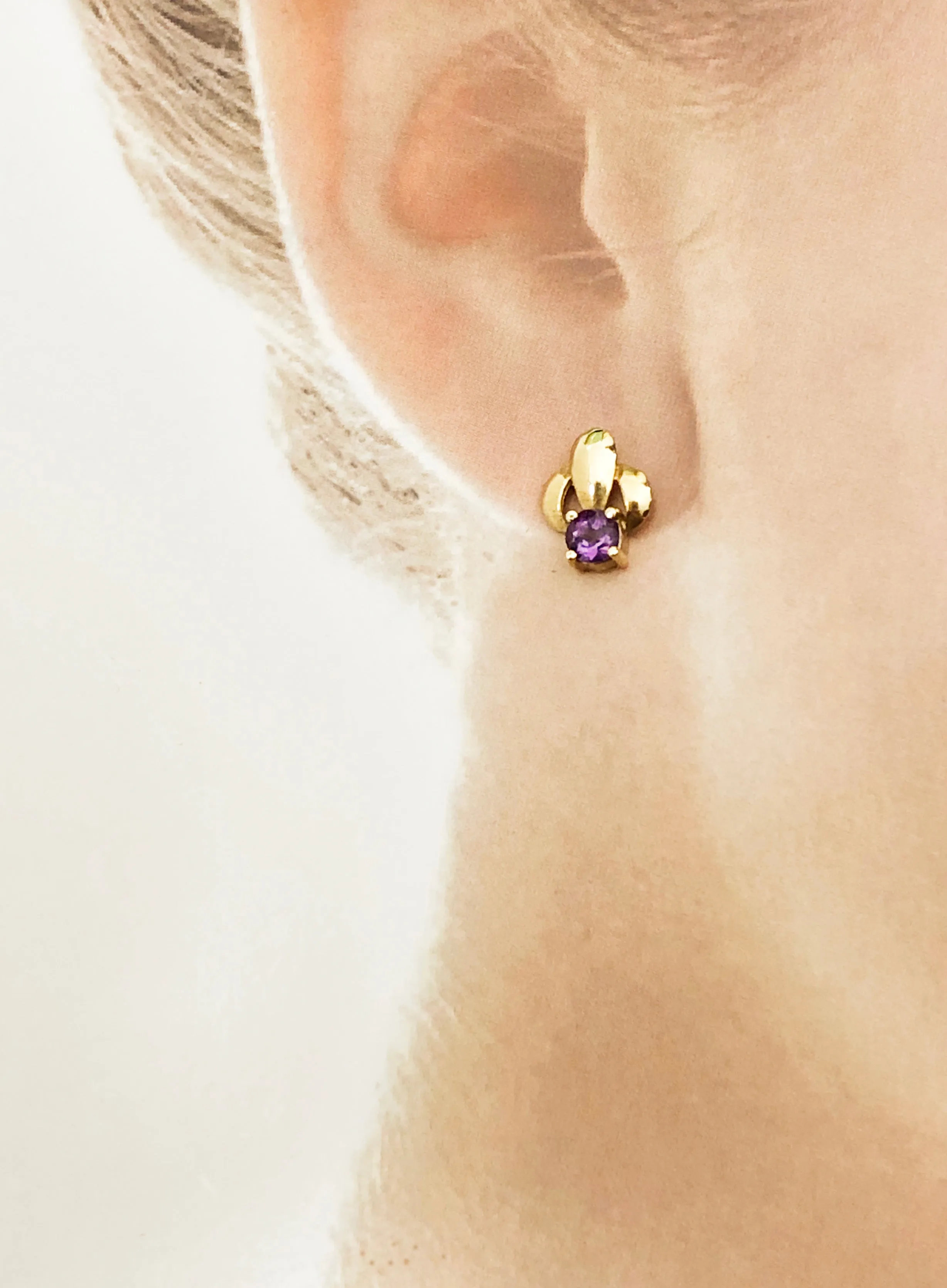 14Kt Gold and Amethyst Triad Design Post Earrings