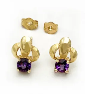 14Kt Gold and Amethyst Triad Design Post Earrings