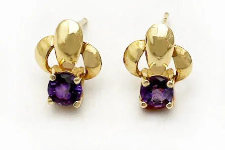 14Kt Gold and Amethyst Triad Design Post Earrings