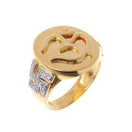 18ct Gold / 22ct Gold Cubic Zirconia Gents Ring with Om and Saathiya Symbols GR15126