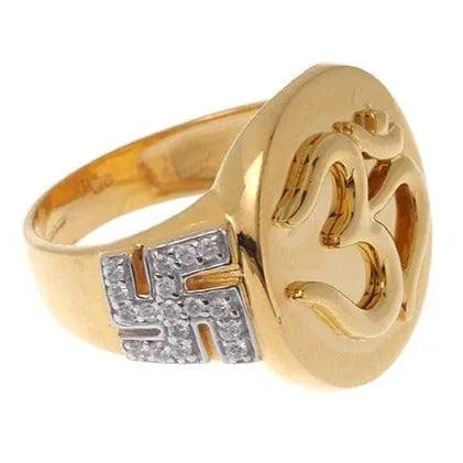 18ct Gold / 22ct Gold Cubic Zirconia Gents Ring with Om and Saathiya Symbols GR15126
