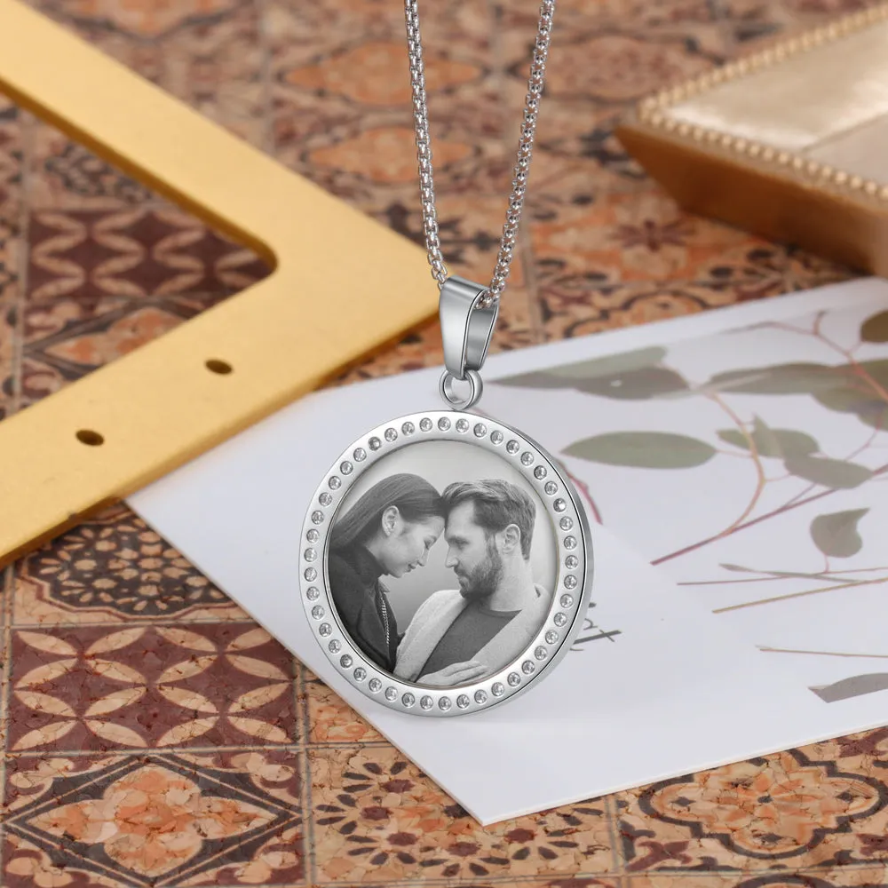 18K Gold Plated Custom Round Photo Necklace With CZ Stone