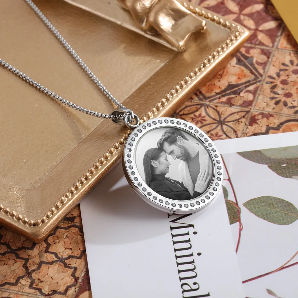 18K Gold Plated Custom Round Photo Necklace With CZ Stone