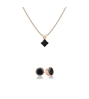 18K Rose Gold 2ct Black Sapphire Princess Cut 18 Inch Necklace and Round Earrings Set Plated