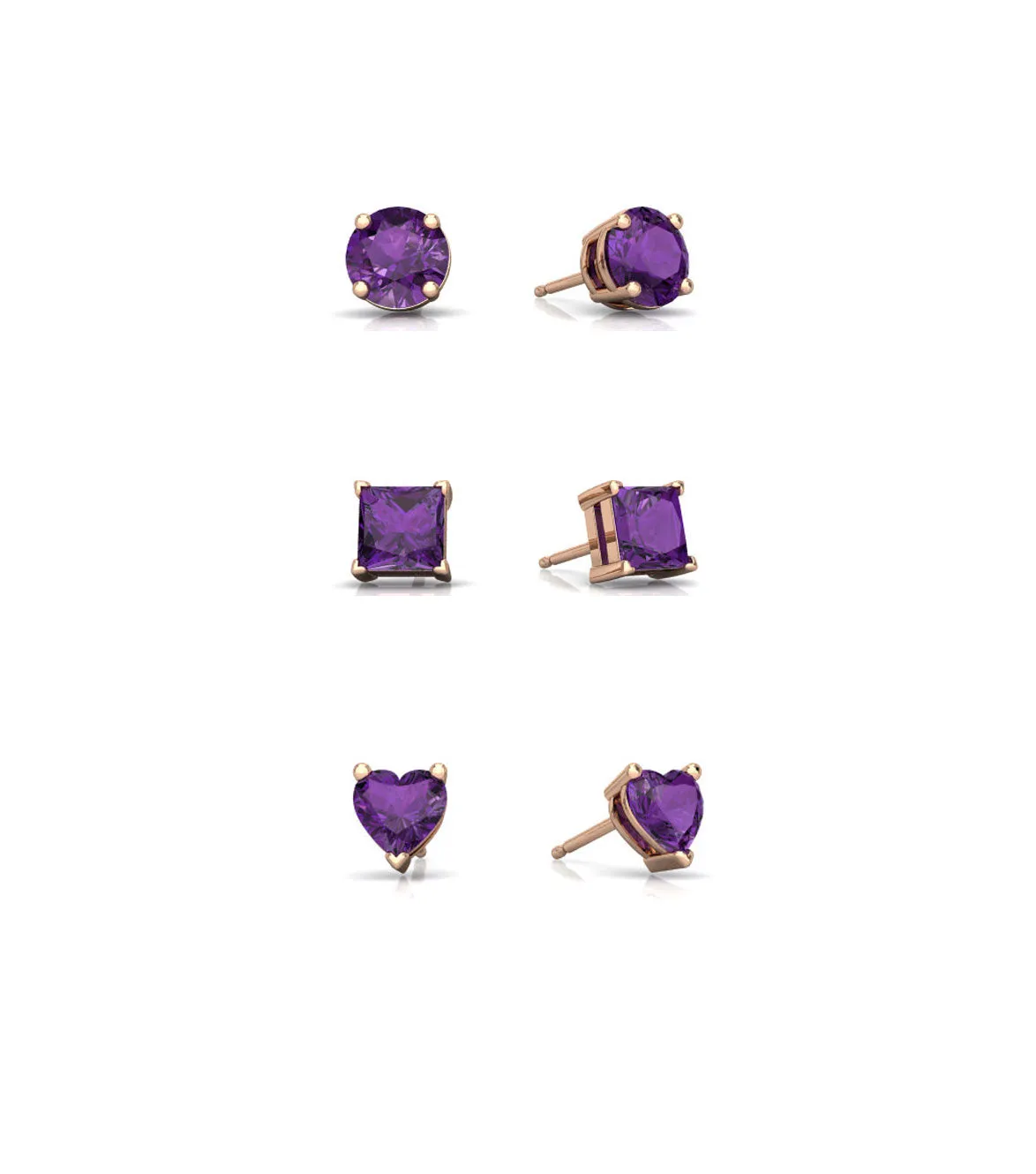 18k Rose Gold Plated 4mm Created Amethyst 3 Pair Round, Square and Heart Stud Earrings