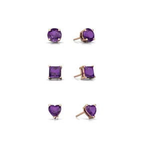 18k Rose Gold Plated 4mm Created Amethyst 3 Pair Round, Square and Heart Stud Earrings
