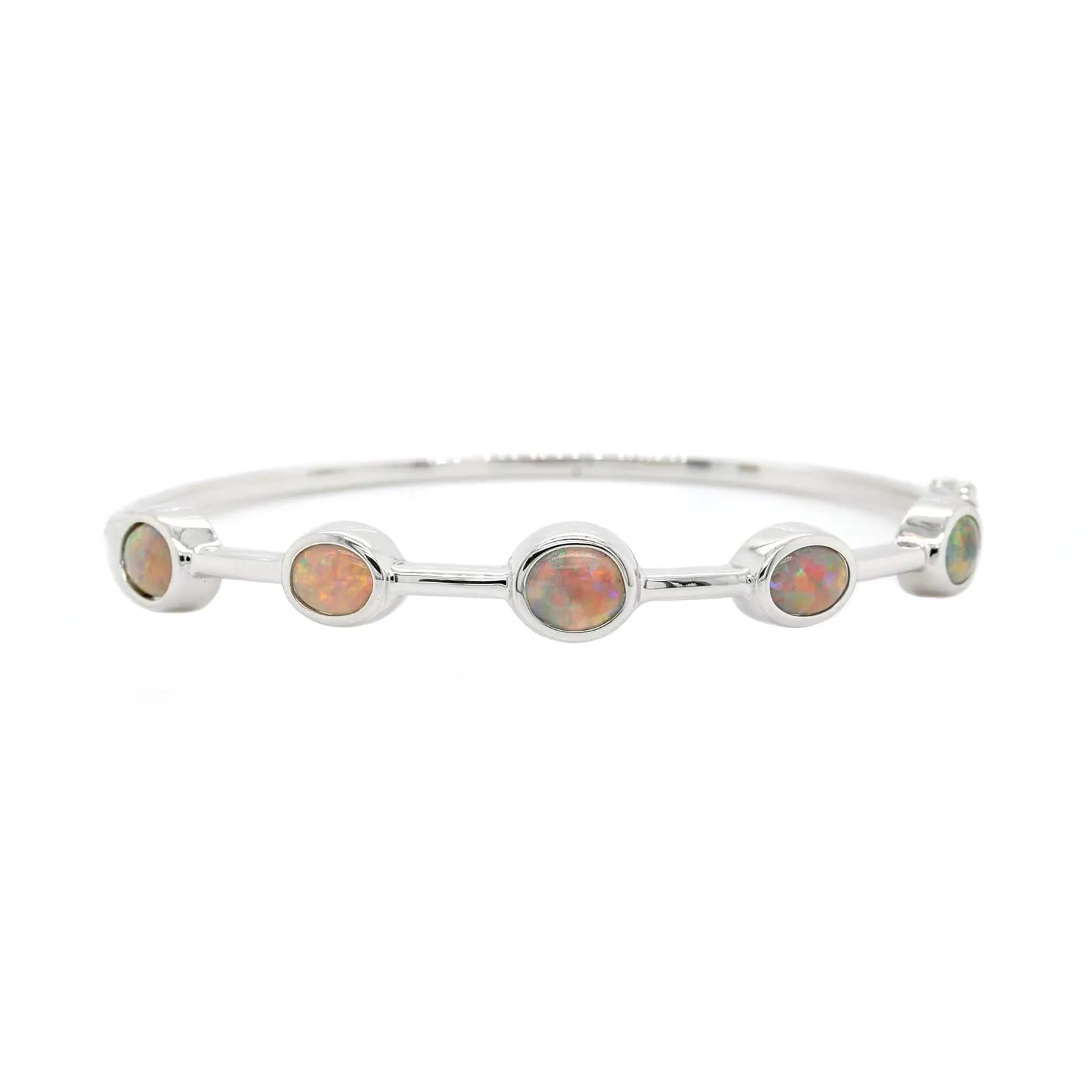 18K White Gold Bezel Set Oval Opal Bangle Bracelet