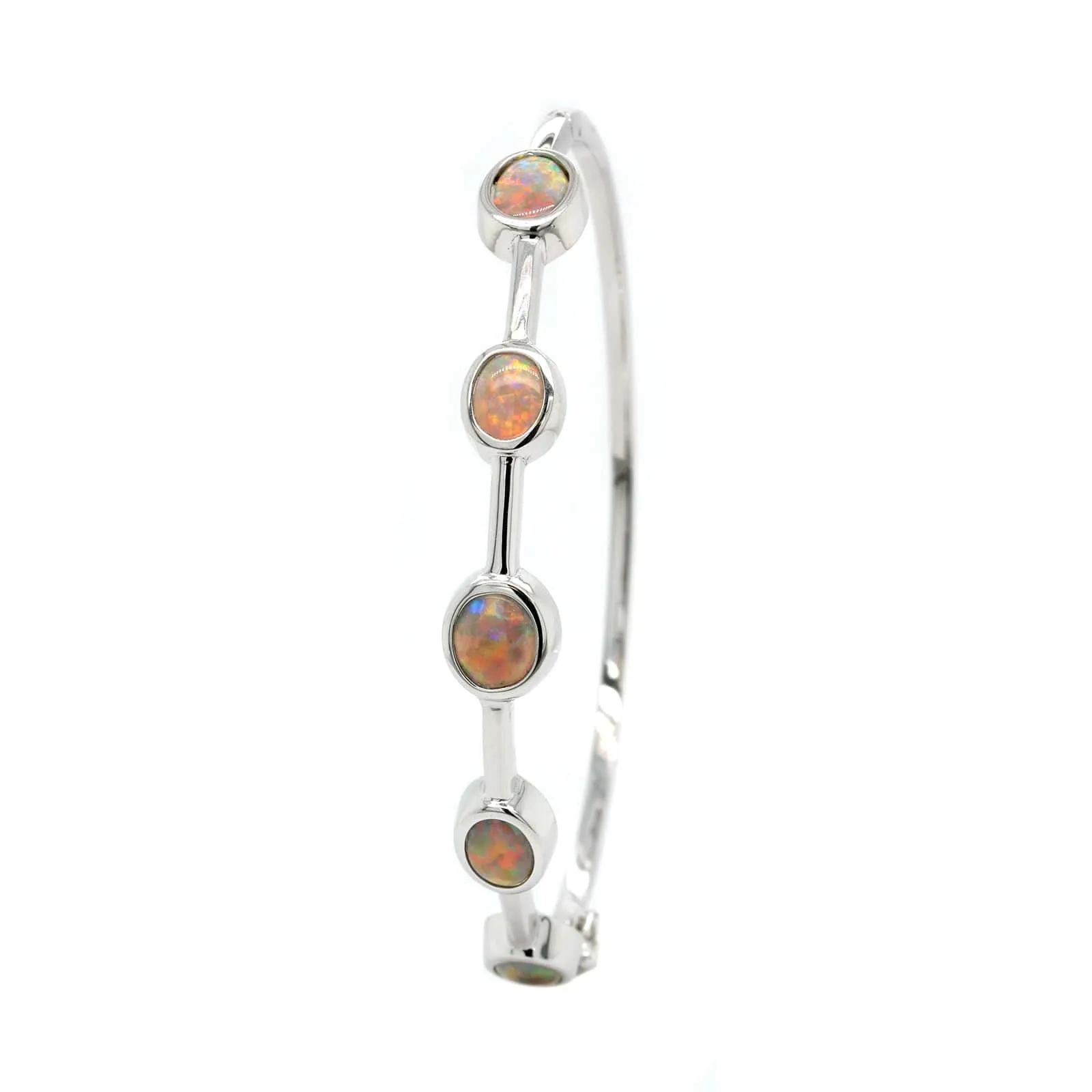 18K White Gold Bezel Set Oval Opal Bangle Bracelet