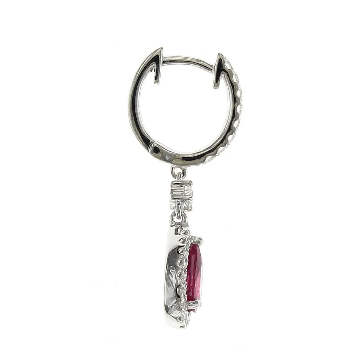 18K White Gold Diamond Hoop Earrings with Pear Ruby with Diamond Halo Dangle