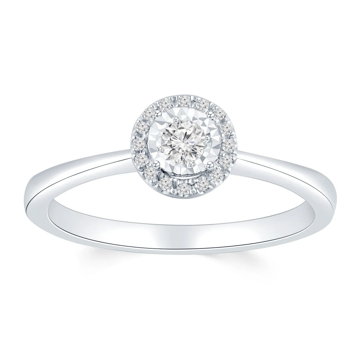 18K White Gold Halo Diamond on Diamond Cut Centre Ring