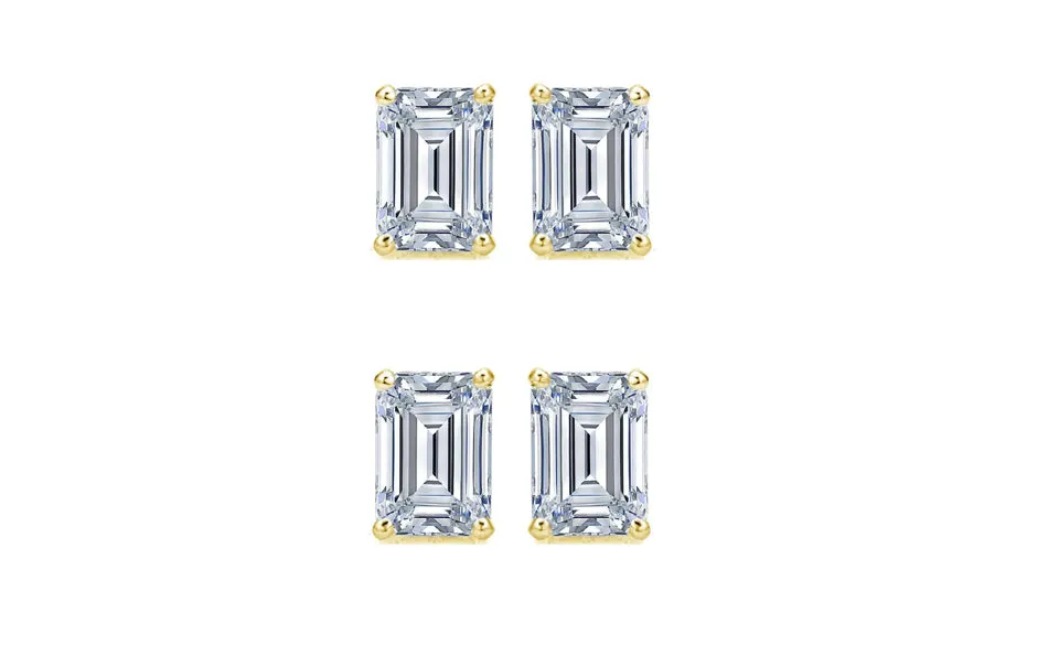 18k Yellow Gold 1Ct Emerald Cut White Sapphire Set Of Two Stud Earrings Plated