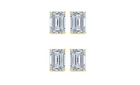 18k Yellow Gold 1Ct Emerald Cut White Sapphire Set Of Two Stud Earrings Plated
