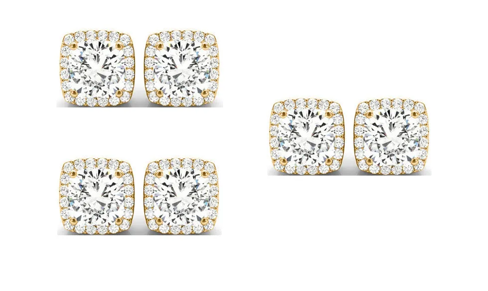 18k Yellow Gold 2Ct Cushion Cut White Sapphire Set Of Three Halo Stud Earrings Plated