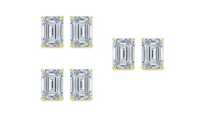 18k Yellow Gold 6mm 1/2Ct Emerald Cut White Sapphire Set Of Three Stud Earrings Plated