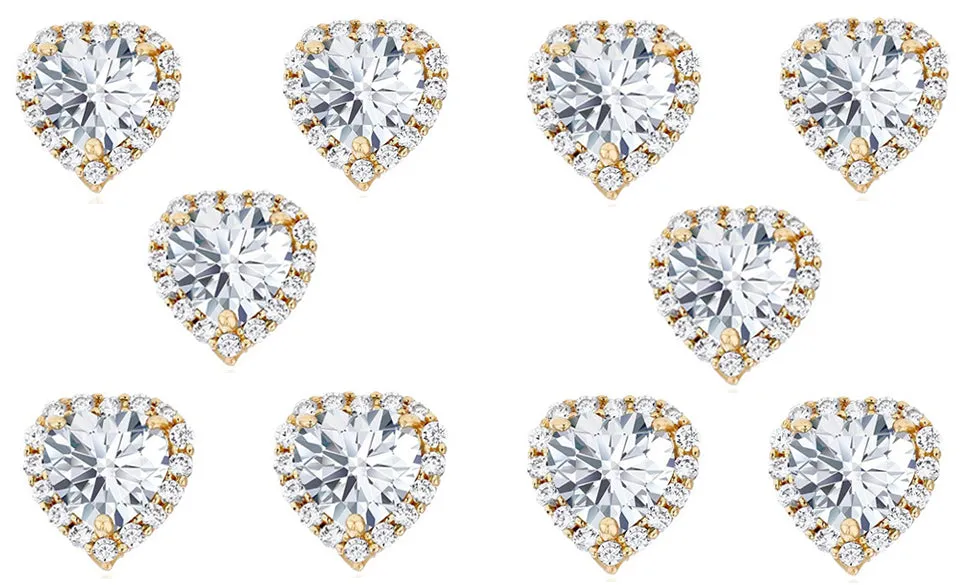 18k Yellow Gold Plated 6mm 4Ct Heart White Sapphire Set of Five Halo Stud Earrings