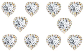 18k Yellow Gold Plated 6mm 4Ct Heart White Sapphire Set of Five Halo Stud Earrings