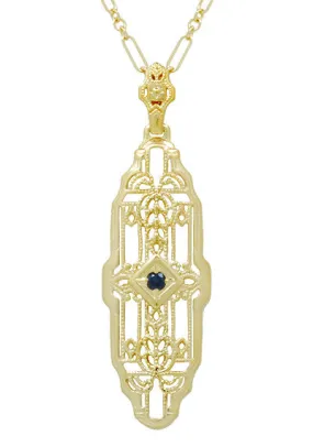 1920's Art Deco Filigree Lozenge Shape Blue Sapphire Pendant Necklace in Sterling Silver with Yellow Gold Vermeil