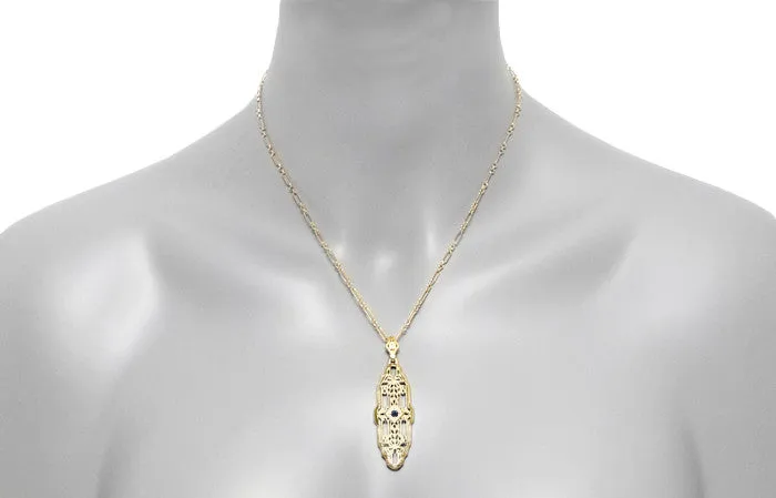 1920's Art Deco Filigree Lozenge Shape Blue Sapphire Pendant Necklace in Sterling Silver with Yellow Gold Vermeil