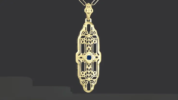 1920's Art Deco Filigree Lozenge Shape Blue Sapphire Pendant Necklace in Sterling Silver with Yellow Gold Vermeil