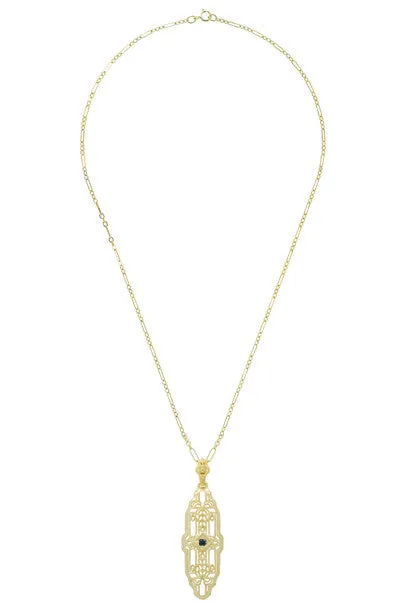1920's Art Deco Filigree Lozenge Shape Blue Sapphire Pendant Necklace in Sterling Silver with Yellow Gold Vermeil