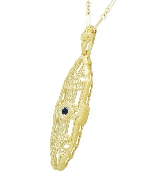 1920's Art Deco Filigree Lozenge Shape Blue Sapphire Pendant Necklace in Sterling Silver with Yellow Gold Vermeil