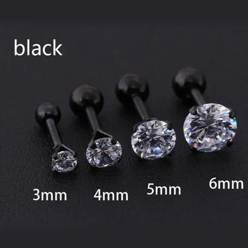 1pc/lot Size 3/4/5/6mm 4 Colors Punk Medical Stainless Titanium Steel Needle Zircon Crystal Stud Earrings For Men Women Party