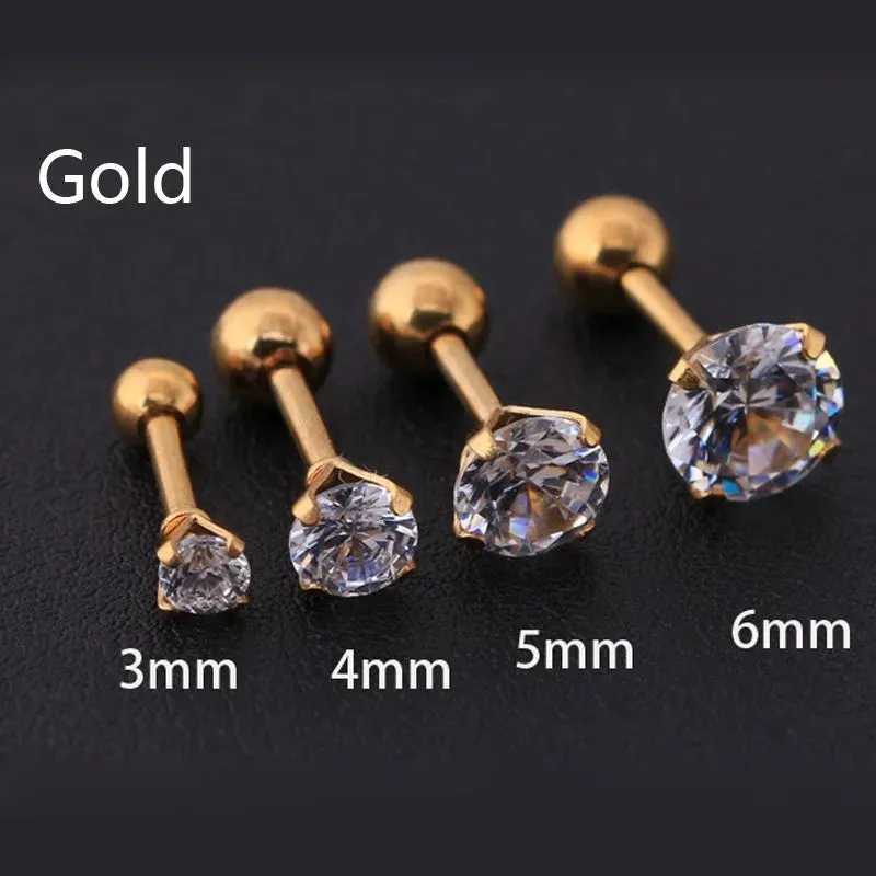 1pc/lot Size 3/4/5/6mm 4 Colors Punk Medical Stainless Titanium Steel Needle Zircon Crystal Stud Earrings For Men Women Party
