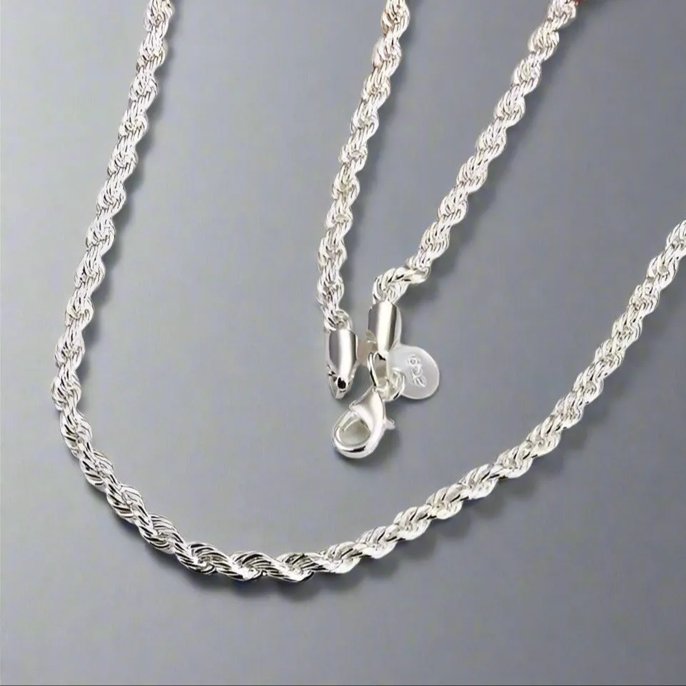 2.5MM Diamond Cut Silver Rope Chain 16-24 inches Everyday Wear for Woman or Man