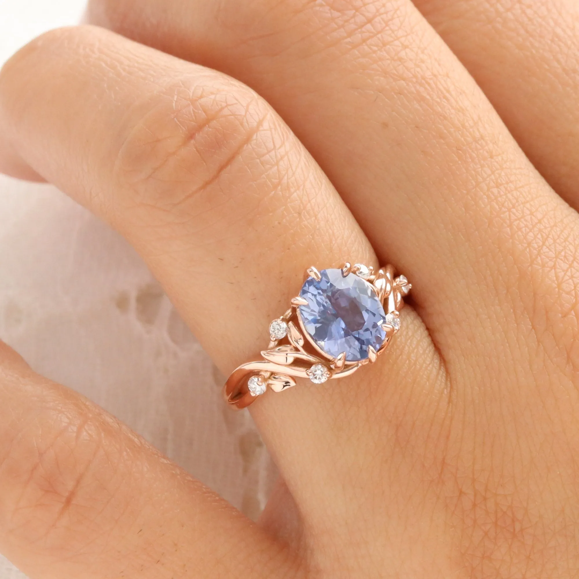 2.66 Ct Oval Aqua Blue Sapphire Ring in 14k Rose Gold Floral Leaf Diamond Band Size 6.5