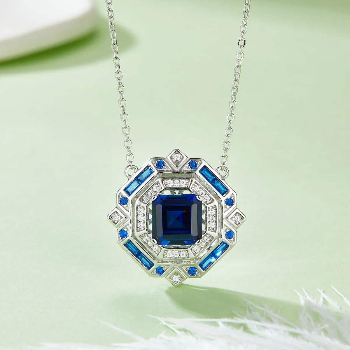 3.18 Carat Princess Cut Lab Created Sapphire Octagonal Pendant Necklace in S925 Silver with Platinum Plating
